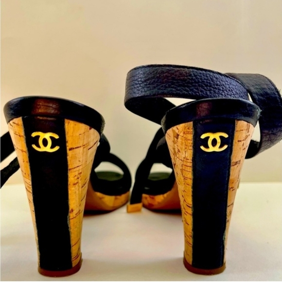 Vintage Chanel Black/ Cork Ankle Strap Sandals Size 36.5/size 6.5 - Picture 1 of 16